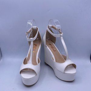 FSJ White Peep Toe T-Strap Wedge Sandals